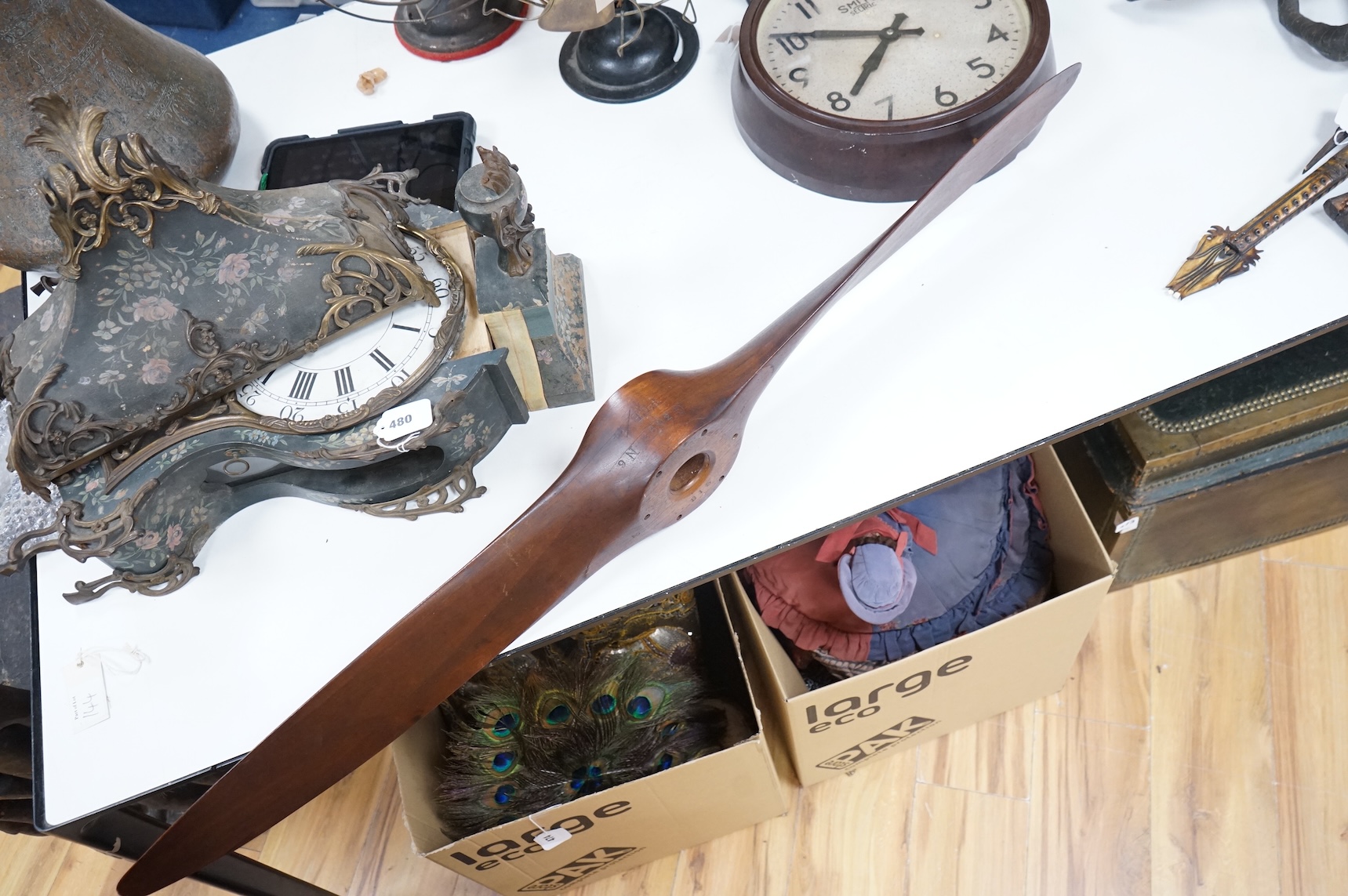 A small wooden German aeroplane propeller, with impressed numbers, 118cm in length